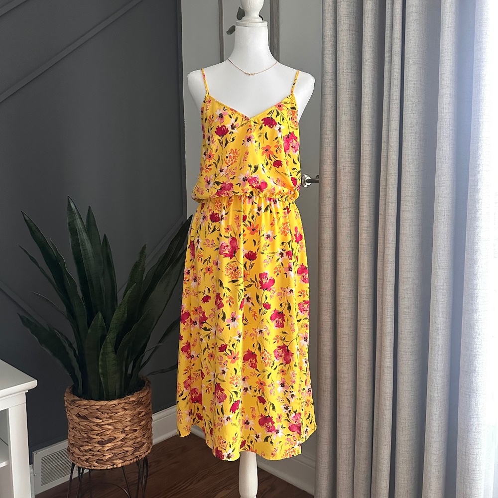 Socialite Yellow Pink Floral Coquette Midi Dress with Slit on the Side Size M